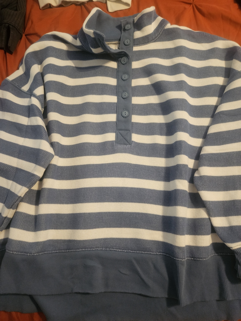 American Eagle Outfitters Blue and White Striped Zip-Up Sweater